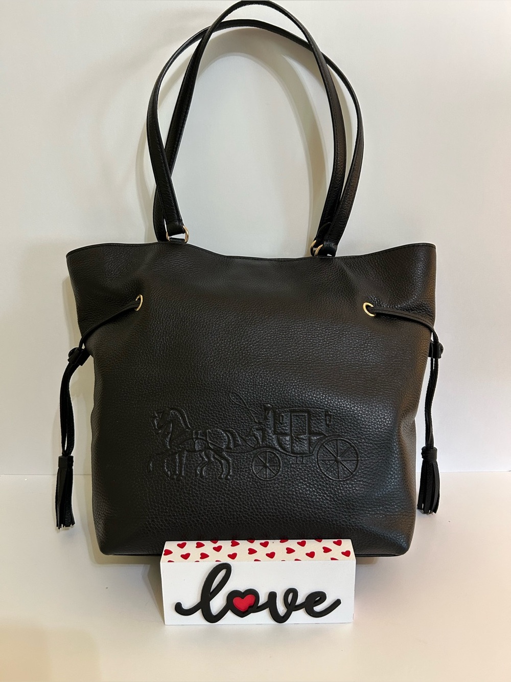 Coach CA200 Black Leather Shoulder Tote Bag w/Embossed Horse and Carriage Detail